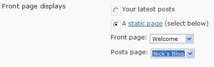 Choose the pages to use for the static home page and blog posts.