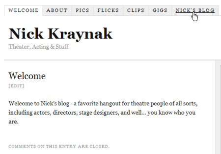 Your new static page greets visitors who can click the new blog tab.